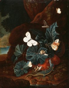 Ett skogsgolvsstilleben med en ödla, fjärilar, snigel och en orm (olja på panel)