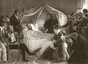 Napoleon på sin dödsbädd, 5 maj 1821, pub. gravyr.