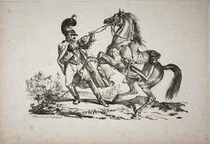 Cuirassier till fots håller tillbaka sin uppfödningshäst av Carle Vernet