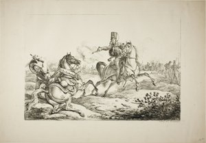 Hussar avfyrar sin pistol vid en tysk dragon av Carle Vernet