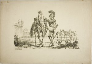 Gevärsman som sätter sig på en häst av Carle Vernet