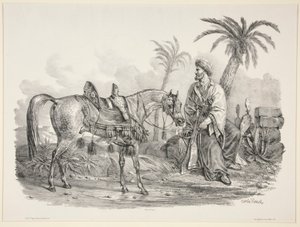 Sittande arab som håller tränsen på en arabisk häst av Carle Vernet