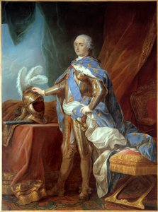 Porträtt till fots av Ludvig XV (1710-1774), i rustning, hand placerad på ett rodret. Målning av Carle Van Loo (1705-1765), olja på duk (271 x 193 cm) av Carle van Loo