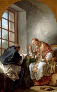 "Sankt Gregorius, känd som Gregorius I den store (540-604), påve och kyrkans läkare, dikterar sina homilier. Han inspireras av den Helige Ande, symboliserad av en duva. Målning av Carle Van Loo (1705-1765) 1764 Dim. 101x75,2 cm Privat samling