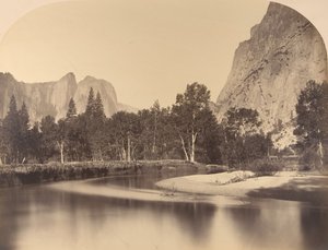 River View, Down the Valley, Cathedral Rock till vänster, 1861, Yosemite. av Carleton Emmons Watkins