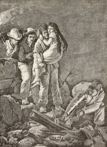 En flicka räddas efter att hennes hem kollapsade, jordbävningen i Casamicciola, Italien, gravyr från en teckning av E Sanesi och en målning av Carlo Ademollo (1824-1911), från L