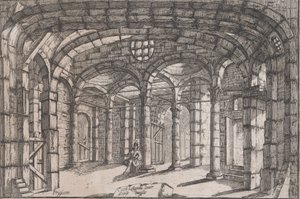 Interiör av ett fängelse där en kvinna sitter, ca 1680-1710.
