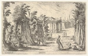 Vy med en man i turban och ett lejon stående till höger, tält och klassisk arkitektur..., 1680-1710.