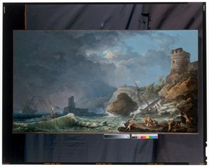 En storm utanför en stenig kust av Carlo Bonaria or Bonavia