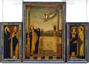 Bebådelsens altartavla med Sankt Benedikt, Sankt Augustinus, Sankt Stefan och Sankt Angelo av Charles Bracesco