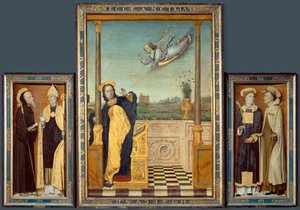Bebådelsen, Benedictus och Augustinus, Stefanus och Angelus (målning på trä)
