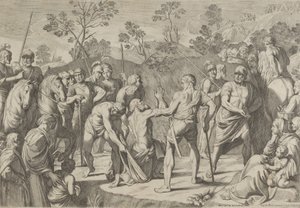 Den helige Andreas knäböjer i bön när han leds till korset, efter Reni, 1650-80. av Carlo Cesi