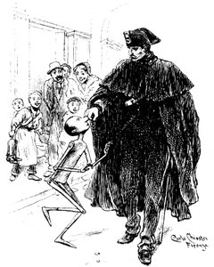 Pinocchio av Carlo Chiostri (1863-1939), en av de första italienska illustratörerna av Collodis (Carlo Lorenzini) verk. En polis tar tag i trädockan genom näsan, har älsklingens stora glädje. Denna originalteckning av Chiostri ska vara ca