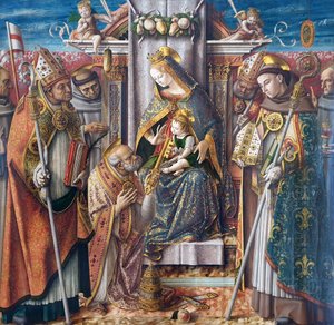 Tysk: Krönt madonna med barnet, överlämnandet av nycklarna till aposteln Petrus och med Johannes Capistranus, Emidius, Franciskus, Ludvig av Toulouse, Giacomo della Marca och en biskop Krönt madonna med barnet, överlämnandet av nycklarna till aposteln Petr av Carlo Crivelli