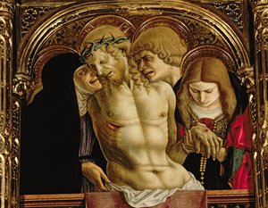 Lamentation of the Dead Christ, detalj från polyptiken SantEmidio, 1473 tempera på paneldetalj av 76636 av Carlo Crivelli
