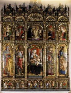 Polyptyc som visar en Pieta, och den underlägsna parten en madonna med Child av Carlo Crivelli