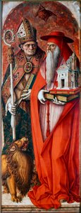 Polyptyk av katedralen i Camerino (Duomo di Camerino): Saint Hieronymus och Saint Augustine. Målning av Carlo Crivelli (1430 / 35-1494 / 1500). Tempera på trä av Carlo Crivelli