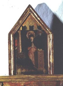 Bebådelsen, detalj av polyptyken San Silvestro av Carlo Crivelli