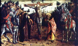 Korsfästelsen, den mellersta vänstra predella-panelen från San Silvestro-polyptyken av Carlo Crivelli
