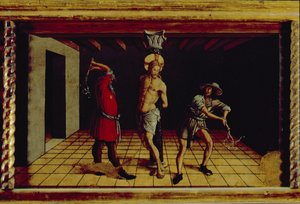 The Flagellation of Christ, central högra predellapanel från San Silvestro polyptyk, 1468 (tempera på panel) (se 76657) av Carlo Crivelli