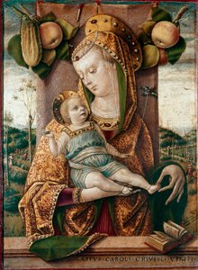 Jungfru och barn Bakom dem äpplen och en gurka, botten en öppen bok (bibel). Tempera på trä av Carlo Crivelli (1430/35-1494/1500)
