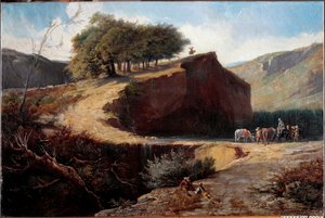 Jägare i ett italienskt landskap (olja på duk av Carlo Felice Biscarra