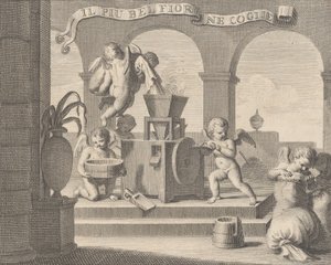 Hon samlar den vackraste blomman Il più bel fior ne coglie, en grupp om sex putti workin..., 1740-59.