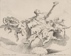 Makt, representerad av en kvinna sittande på moln med en krona och omgiven av putti,..., 1725-75.