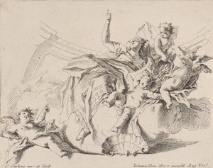 Rikedom, representerad av en kvinna sittande på moln och omgiven av putti, av vilka en är..., 1725-75.