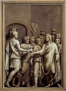 Antikens Rom: krigare och man i en toga som byter sfär. Målning av Carlo Labruzzi (1748-1818) efter en låg romersk relief. Brest. Museum of Fine Arts