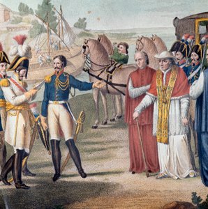 Påven Pius VII (Pio) (1742-1823) arresterades när han återvände till Italien av den österrikisk-neapolitanska armén nära Parma den 25 mars 1814 - Gravyr av Carlo Lasinio (1759-1838) - Färglitografi (gripandet av påven Pius VII (1742-1823) vid sin återkomst