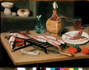 Stillebensbord med grillade fisktallrikar (mullet) och flaska vin (damigiana). Målning av Carlo Magini (1720-1806). Faenza, Pinacoteca comunale av Carlo Magini