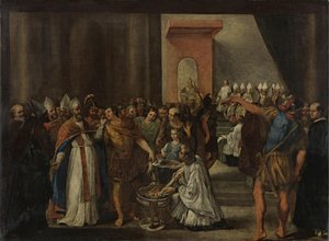 Kejsar Konstantin bränner arianska böcker, 1640-talet av Carlo Magnone