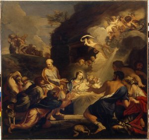 Tillbedjan av Kristusbarnet. Den heliga familjen presenterar den nyfödda för herdarna, under ett moln av ljus och änglar. Målning av Carlo Maratta (1625-1713), olja på duk. Talian konst (Rom)