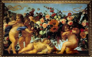 Kärlek och girlanger av blommor. En ängel ger bär till en fågel medan en annan gör en gest att vara tyst för att inte väcka en tredje sovande ängel. Målning av Carlo Maratta (1625-1713) 1600-talets sön. 1,06x1,73 m