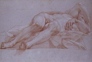 Studie för figuren av Sisera, krita på papper, ca 1680: preliminär ritning för mosaiken av Jael och Sisera för kapellet för presentationen i Peterskyrkan, Rom. av Carlo Maratta or Maratti