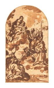 Madonnan och barnet som framträder för de heliga Ambrosius, Franciskus av Sales och Nikolaus av Bari (svart krita, penna  brunt bläck  brun lavering på papper) av Carlo Maratta or Maratti