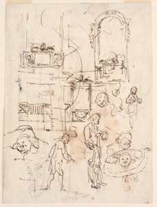 Teckning, Arkitektur- och figurskisser, ca 1760 av Carlo Marchionni