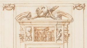 Ritning, Förslag till den norra portalen, Stora galleriet, Villa Albani, Rom, Italien, 1755-56 av Carlo Marchionni