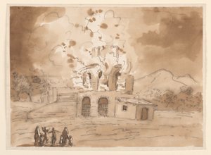 Teckning, Landskap med brinnande torn, ca 1780 av Carlo Marchionni