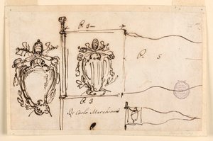 Teckning, Tre skisser till en standar av påven Benedictus XIV, 1740-58 av Carlo Marchionni
