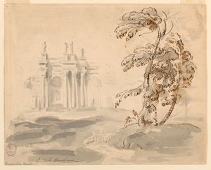 Teckning, Träd i landskap med byggnad, 1756-78 av Carlo Marchionni