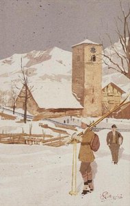 En vy av Adelboden, Schweiz (färg litho)