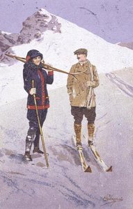 Skidåkare vid Adelboden (färg litho) av Carlo Pellegrini