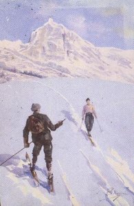 Skidåkare på Mt. Rose, Schweiz (färg litho)