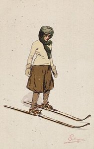 Kvinna åker skidor (färg litho) av Carlo Pellegrini