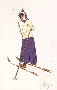 Kvinna som sätter på skidor (färg litho) av Carlo Pellegrini
