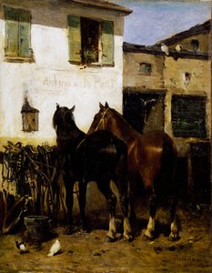 Posthästar, målning av Carlo Pittara (1836-1891), olja på duk, 41x32 cm, Italien