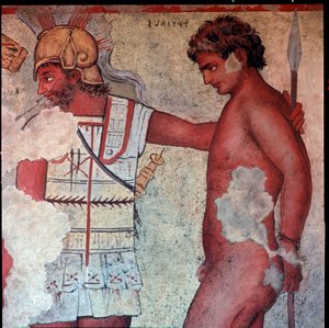 Etruskisk civilisation: "" representation av offret av trojanska fångar som hyllning till Patroclus""" reproduktion av Carlo Ruspi (1786-1863) av fresker från 300-talet f.Kr. av Francois Grav av Vulci. Florens, arkeologiska museet av Carlo Ruspi