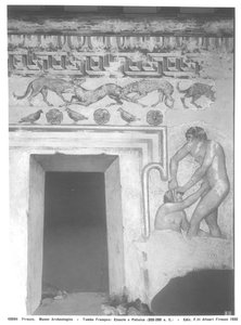Marce Camitlnas och Cneve Tarchunies Rumach, rekonstruktion av den etruskiska väggmålningen i Francois-graven vid Vulci ca 320-280 f.Kr. (väggmålning) (se även 212368, 214590, 214591)